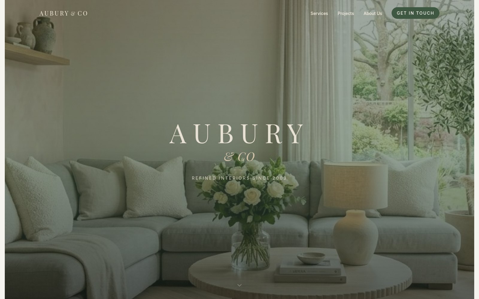 Aubury and Co interior design website home page, sage-green editorial hero
