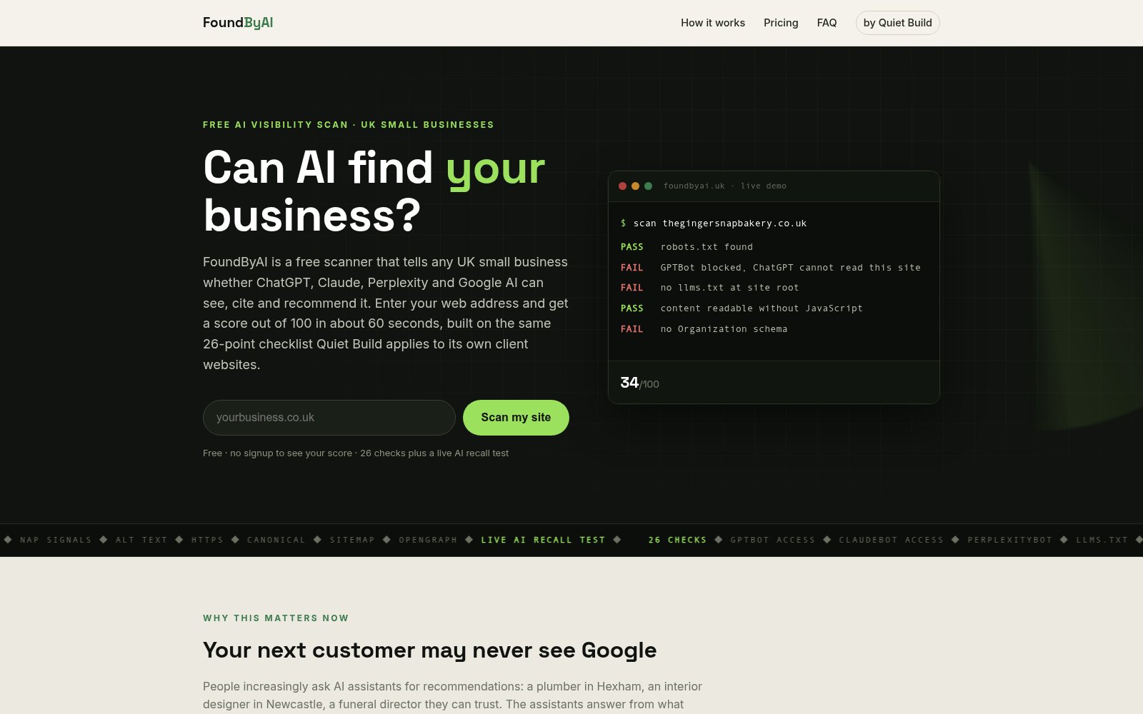 FoundByAI AI visibility scanner website home page