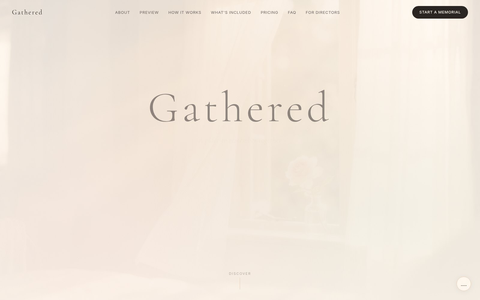 Gathered digital memorial website home page, warm linen and bronze