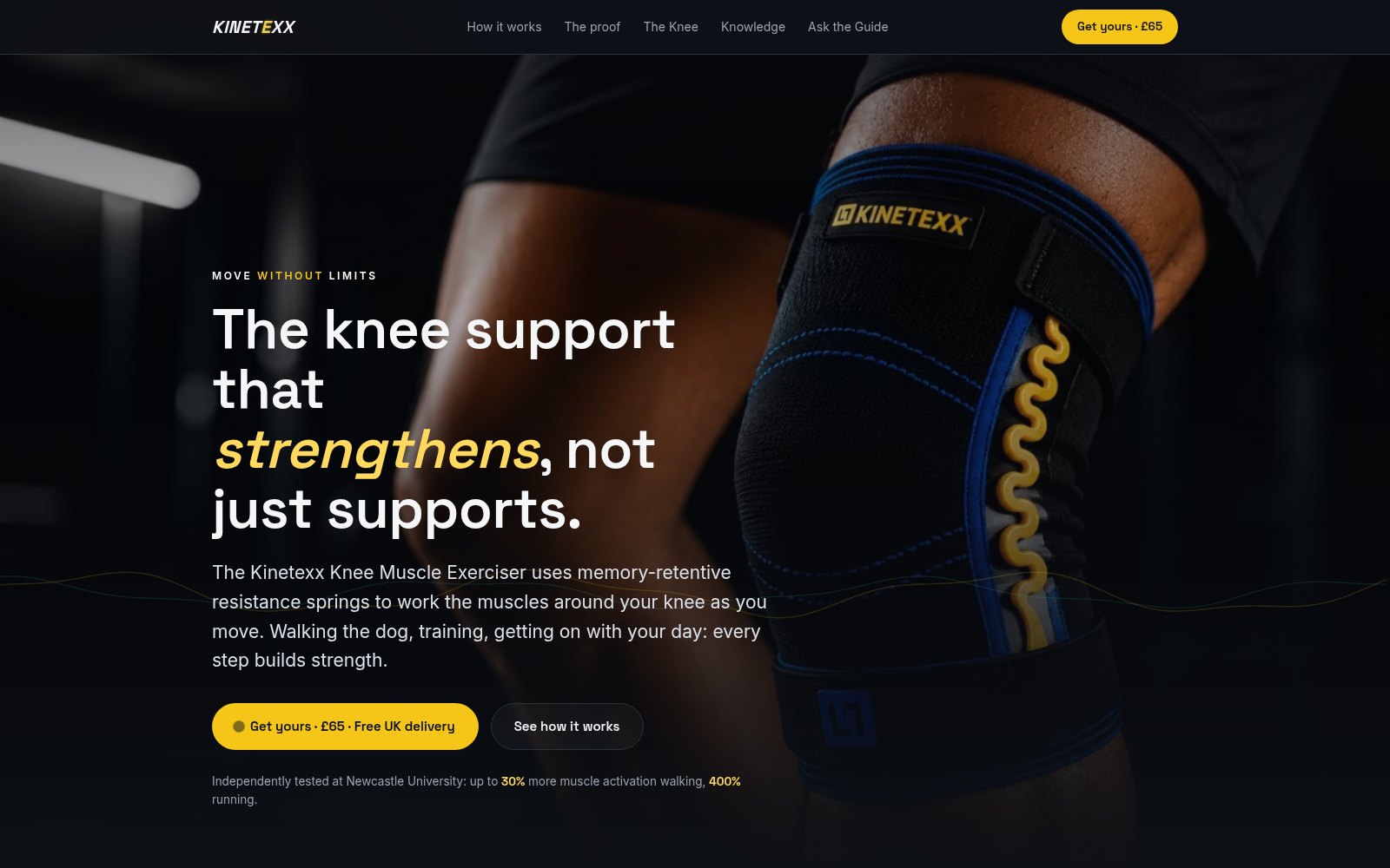 Kinetexx wearable knee support website home page, onyx black with a signal accent