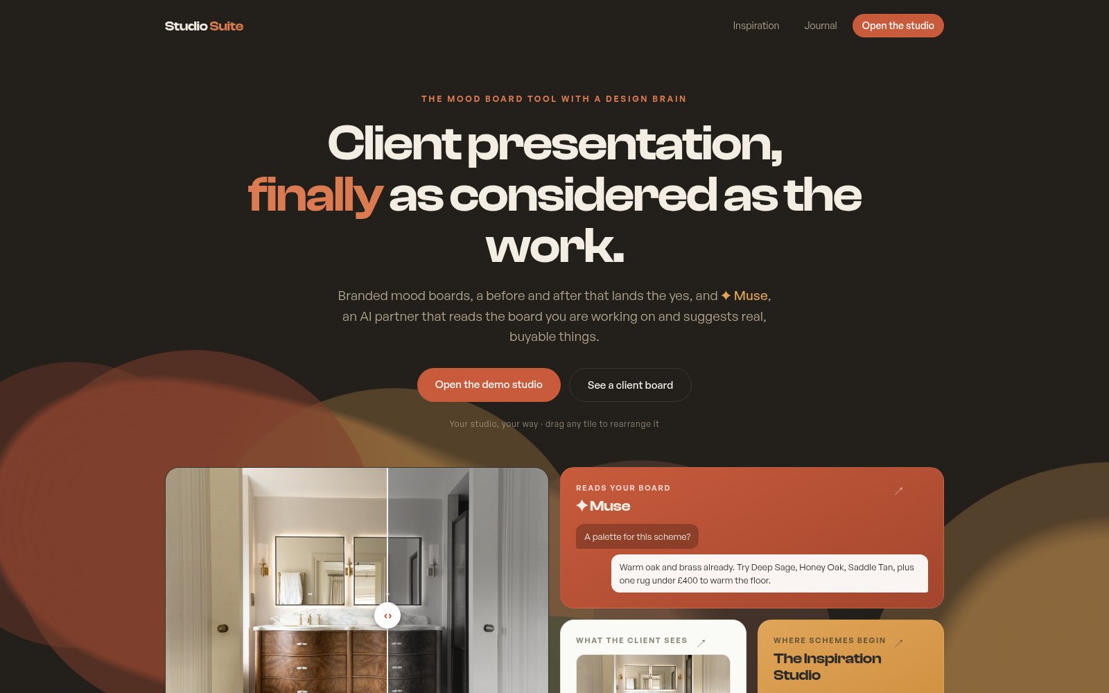 Studio Suite mood board and client presentation tool home page